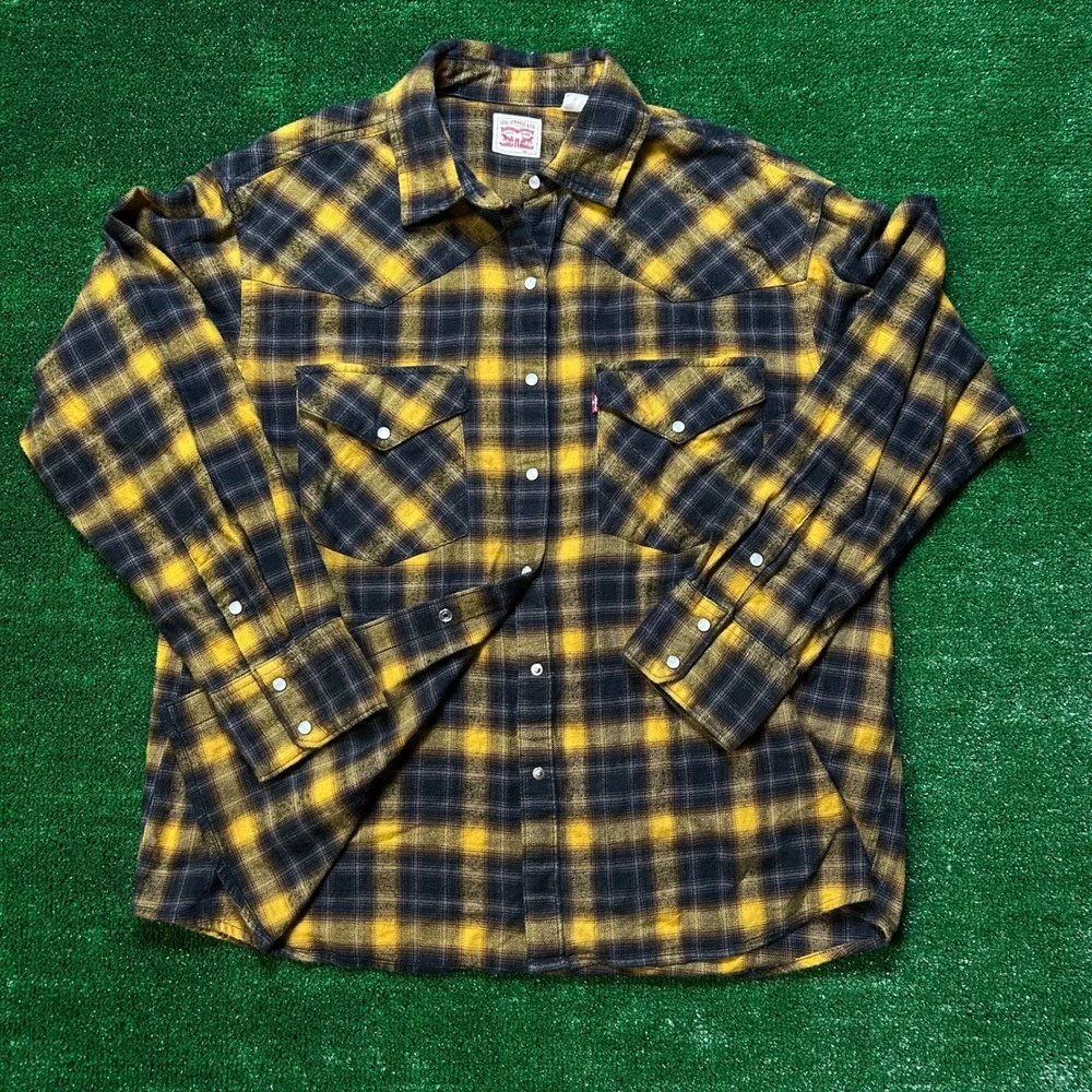 Levi's Western Shirt Mens Large Yellow Black Plaid Pearl Snap Flannel Cotton